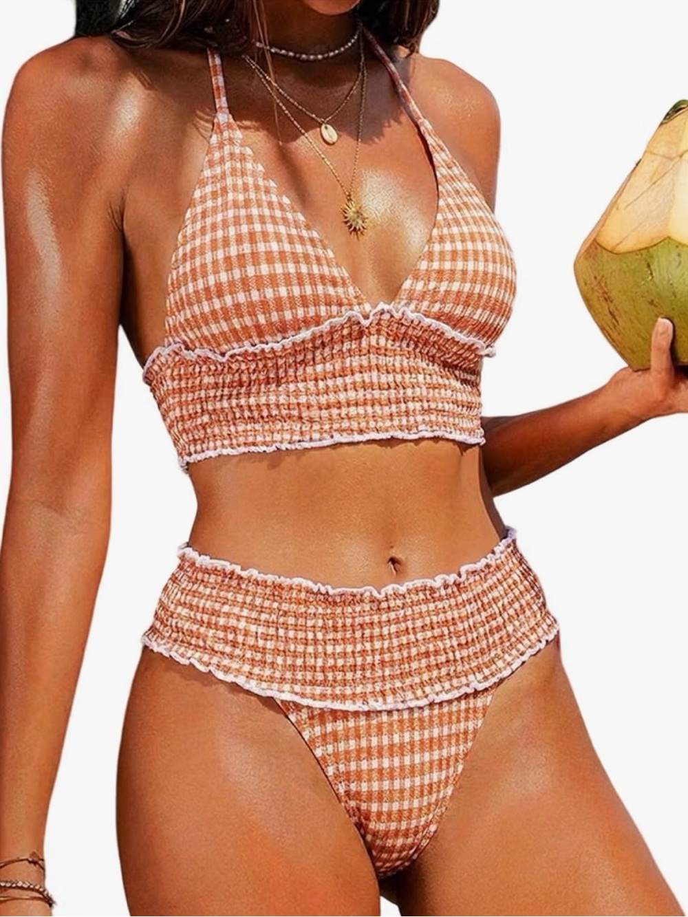 SOLY HUX Gingham Smocked Halter Bikini Swimsuit Small – NWT